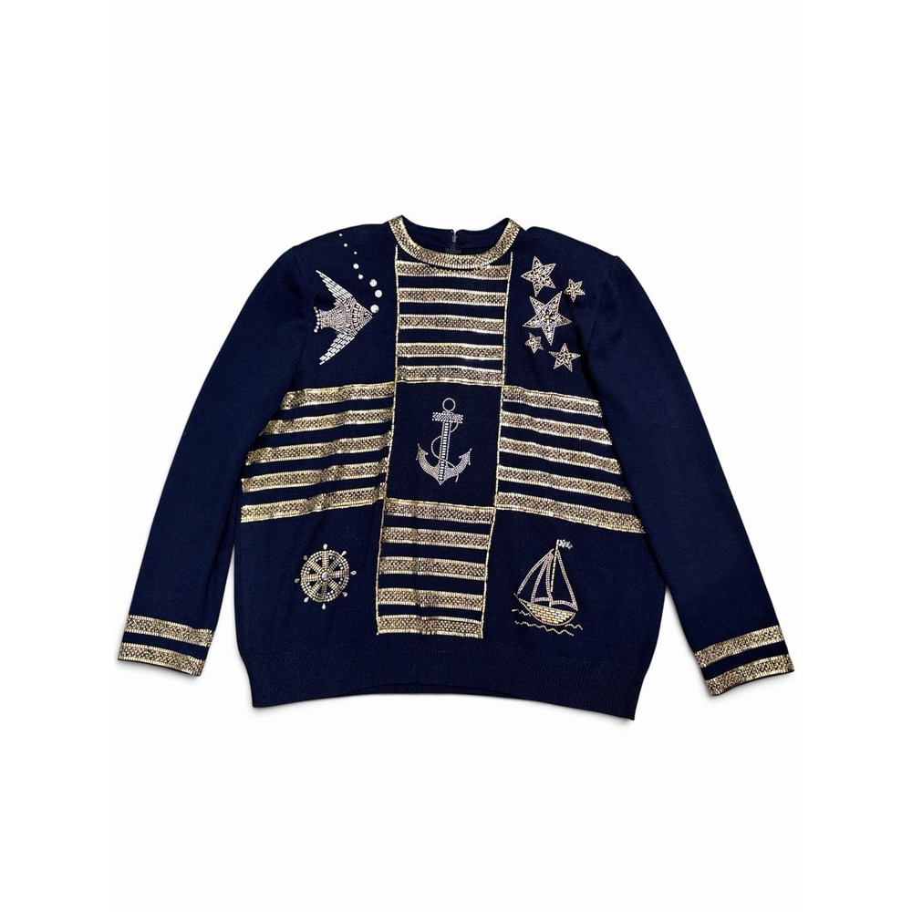 VTG ST JOHN Evening Embellished Nautical Sweater Navy Gold Silver Pailettes 14